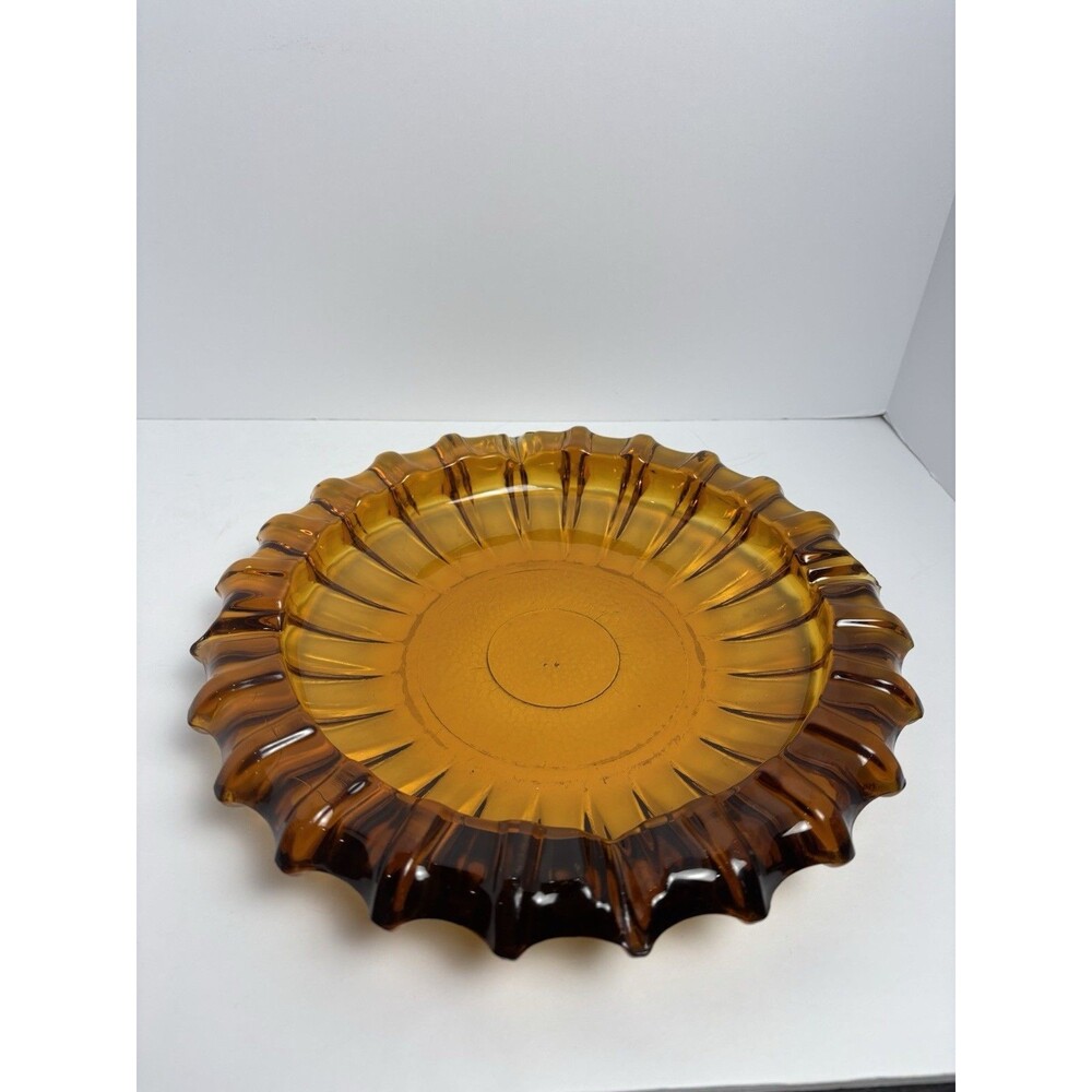 Vintage Amber Glass Ashtray 10" MCM Large Heavy USA Candle Holder Decor